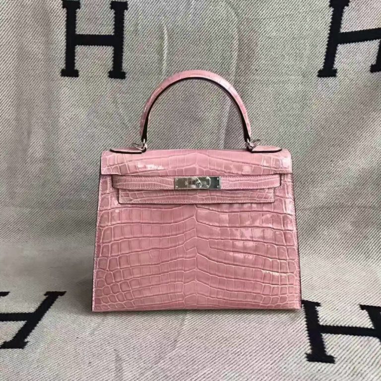 Hermes 5Z Rose Indienne Crocodile Shiny Leather Kelly Bag  28CM