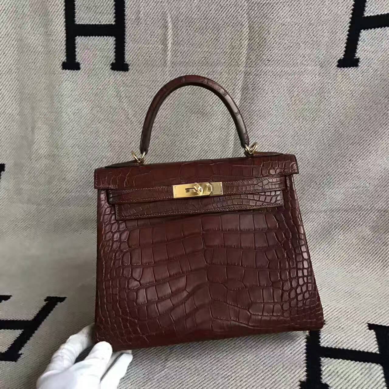 Wholesale Hermes Kelly Bag 28CM 4G Brown Crocodile Matt Leather