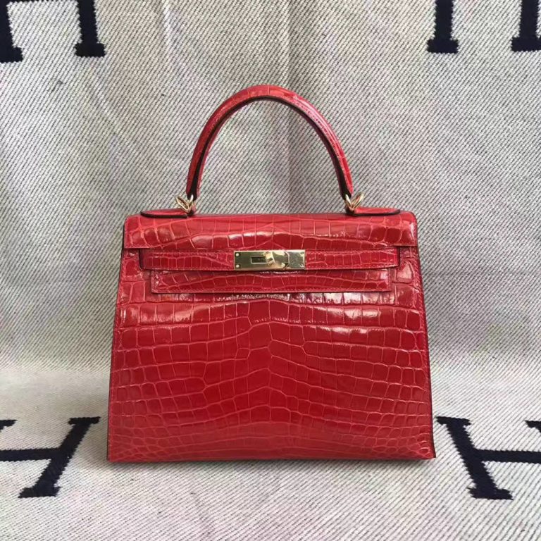 Hand Stitching Hermes Crocodile Shiny Leather Kelly  28cm in CK95 Braise