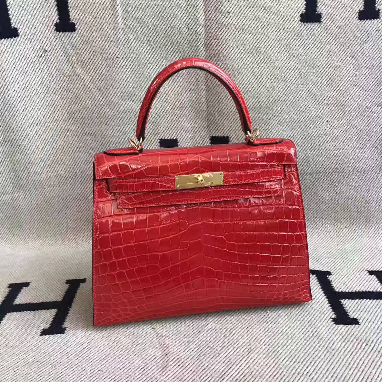 Hand Stitching Hermes Crocodile Shiny Leather Kelly 28cm in CK95 Braise