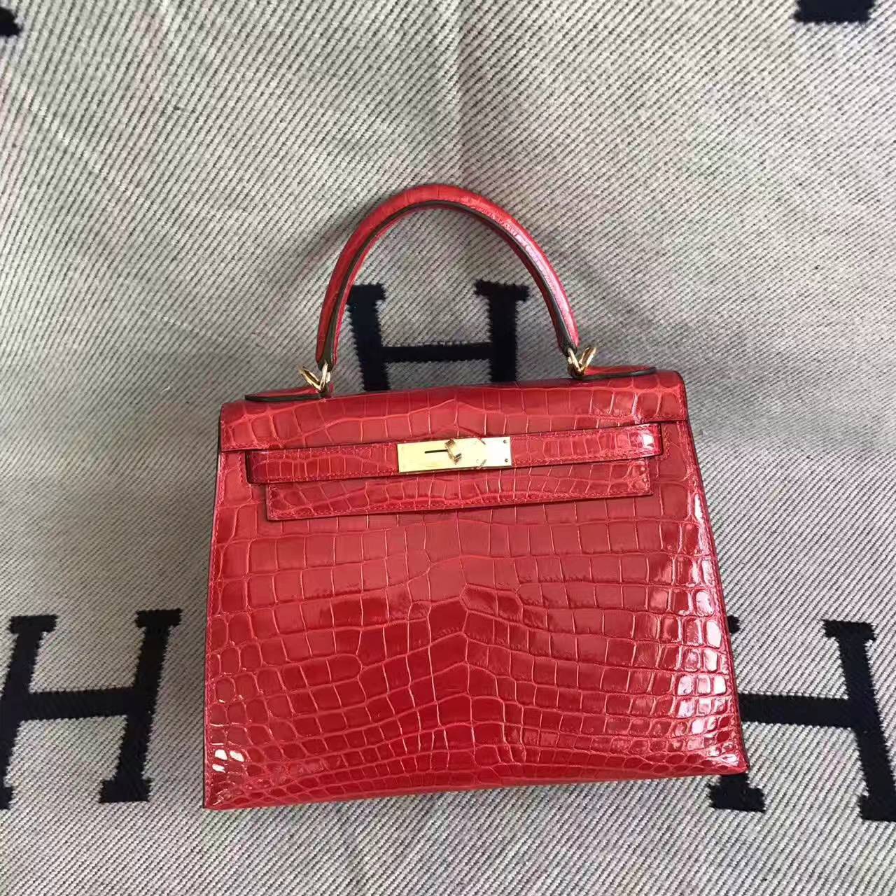 Hand Stitching Hermes Crocodile Shiny Leather Kelly 28cm in CK95 Braise