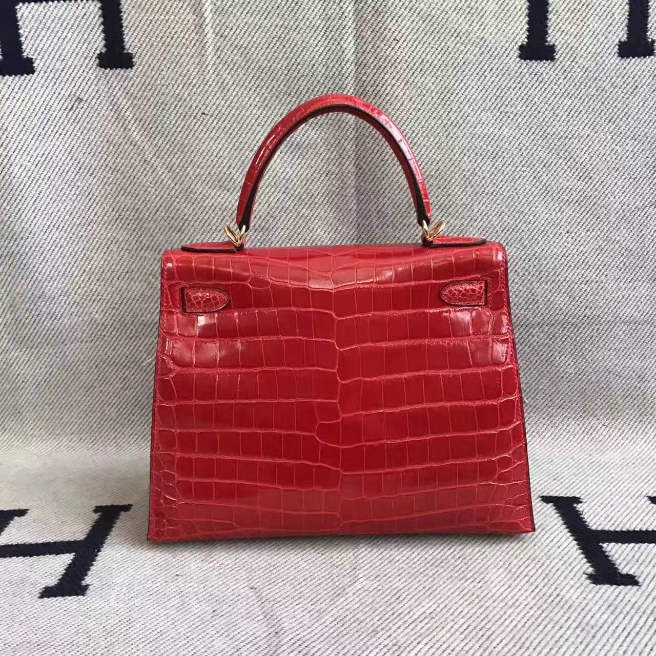 Hand Stitching Hermes Crocodile Shiny Leather Kelly 28cm in CK95 Braise