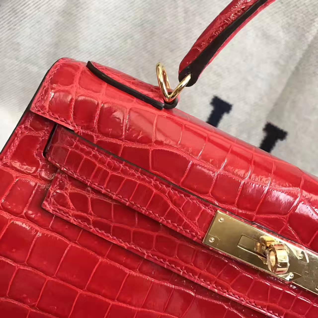 New Arrival Hermes Q5 Rouge Casaque Crocodile Shiny Leather Kelly Bag 28CM