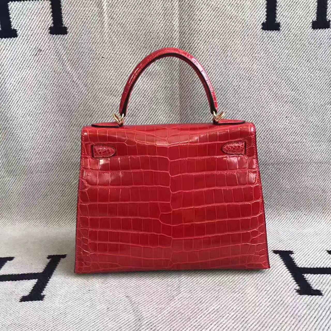 New Arrival Hermes Q5 Rouge Casaque Crocodile Shiny Leather Kelly Bag 28CM