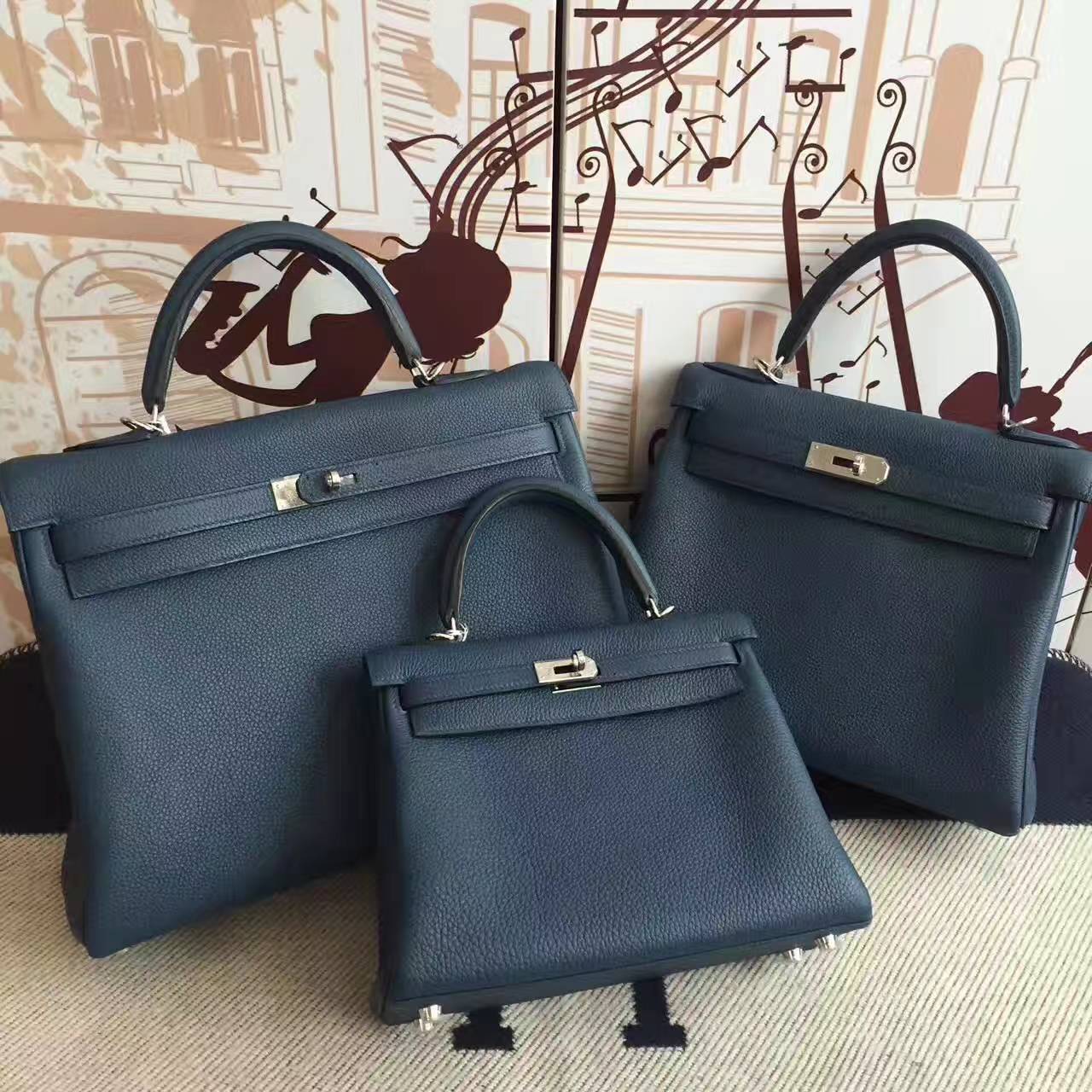 On Sale Hermes 7K Dark Blue Togo Calfskin Leather Kelly Bag 28CM