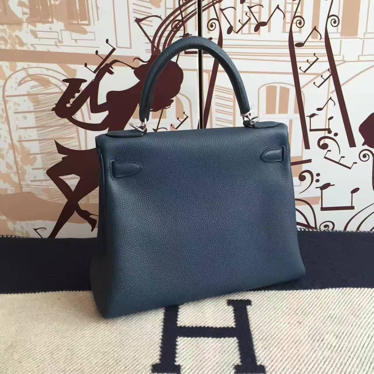 On Sale Hermes 7K Dark Blue Togo Calfskin Leather Kelly Bag 28CM