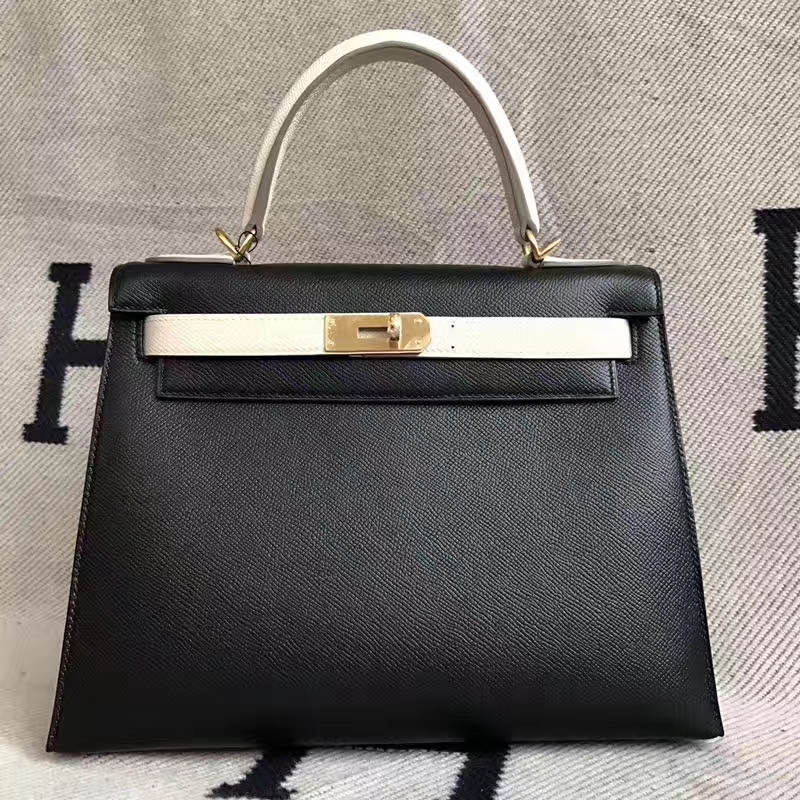 Sale Hermes Sellier Kelly Bag28CM CK89 Black&CK10 Carie White Epsom Leather