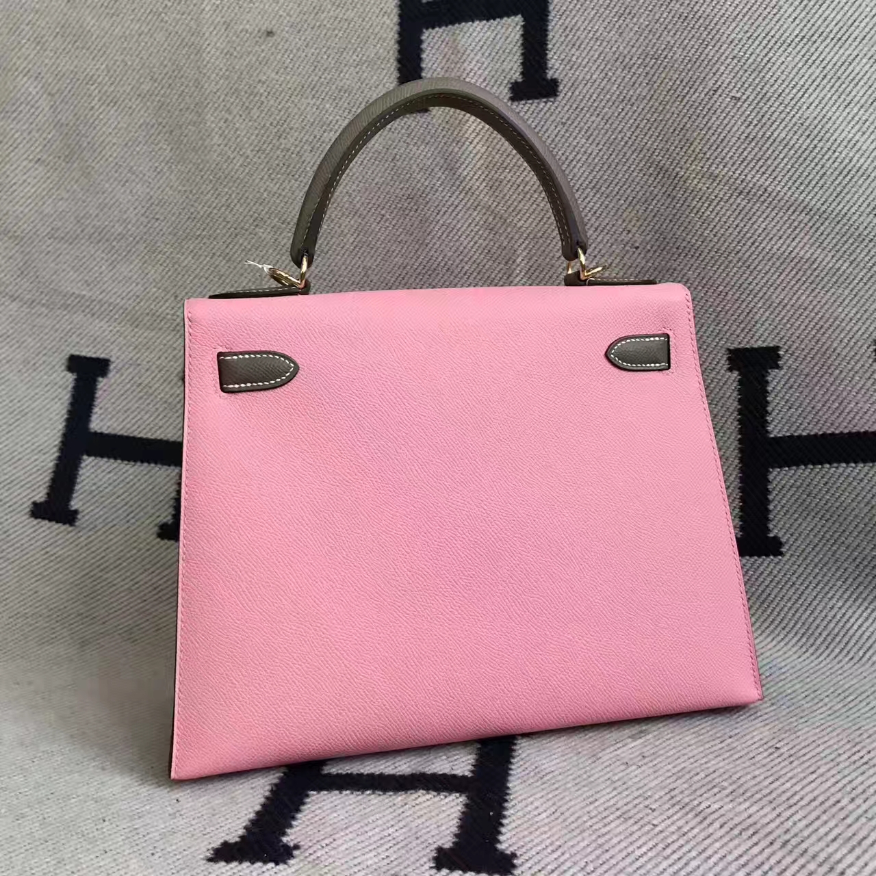 Discount Hermes 1Q Rose Confetti & C18 Etoupe Grey Sellier Kelly Bag28CM