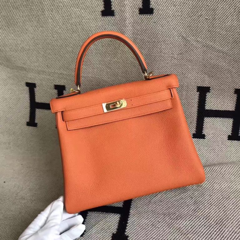 Hermes 93 Orange Togo Calfskin Leather Retourne Kelly Bag  28CM