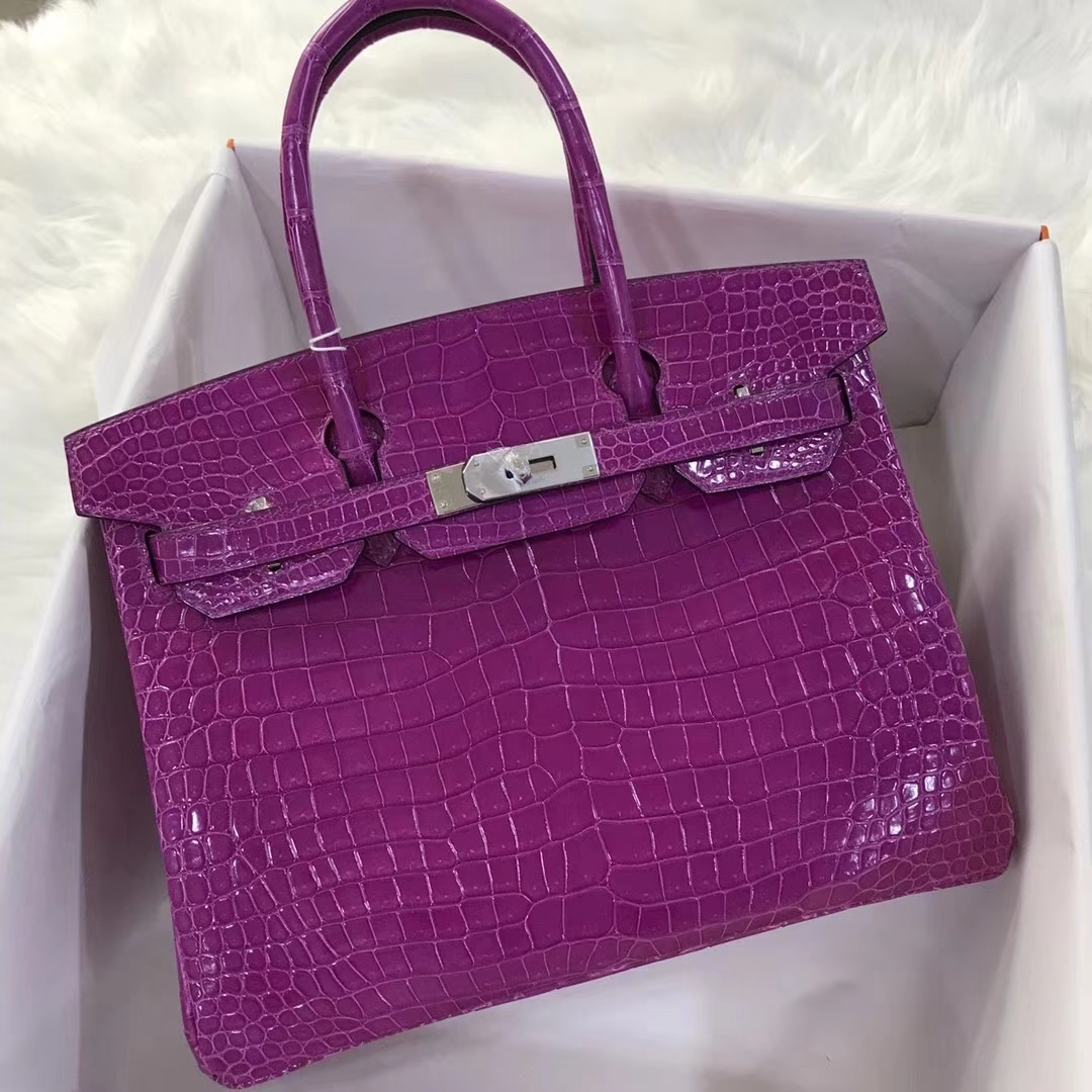 Elegant Hermes L3 Rose Purple Shiny Crocodile Birkin30CM Bag Gold/Silver Hardware