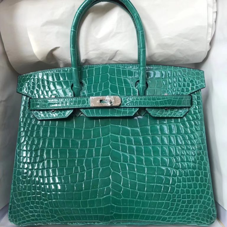 Hermes Shiny Crocodile Leather Birkin Bag 30CM in 6Q Emerald Green Silver Hardware