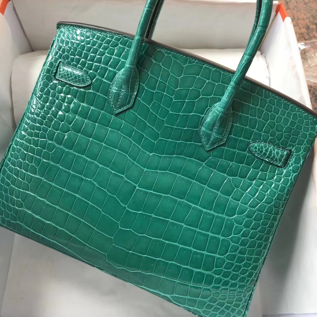 Luxury Hermes Shiny Crocodile Leather Birkin Bag30CM in 6Q Emerald Green Silver Hardware