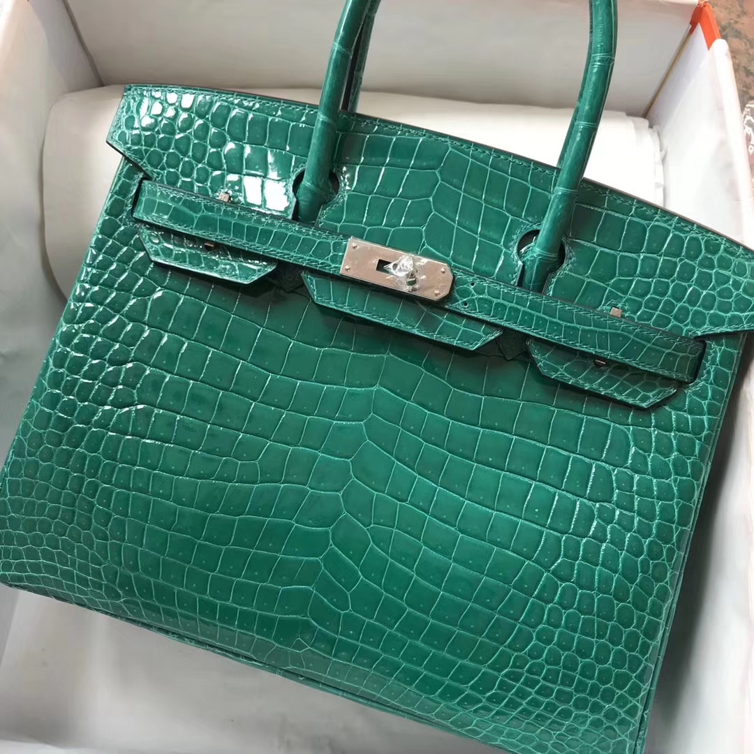 Luxury Hermes Shiny Crocodile Leather Birkin Bag30CM in 6Q Emerald Green Silver Hardware