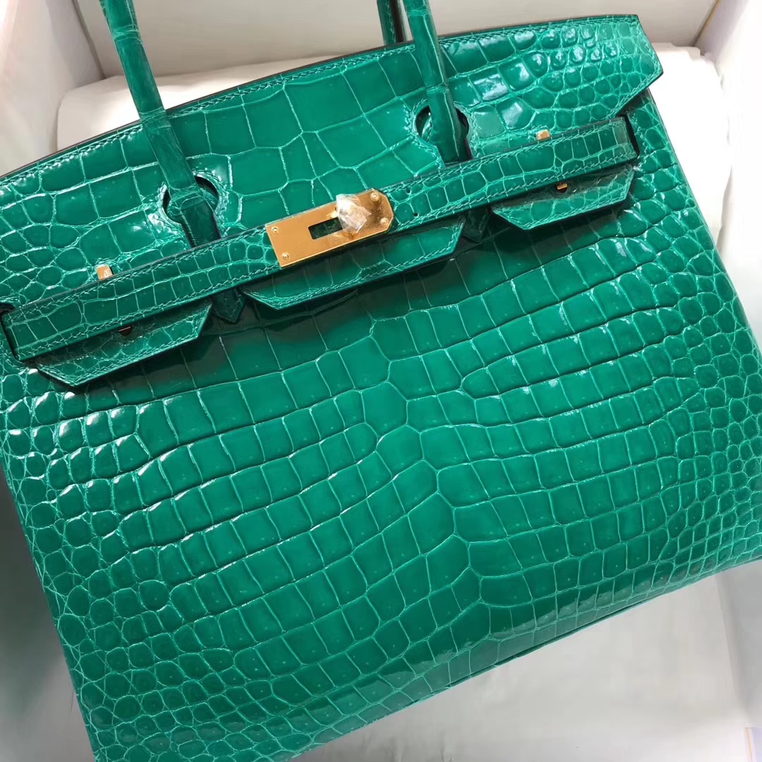 Luxury Hermes Shiny Crocodile Leather Birkin30CM Handbag in 6Q Emerald Green