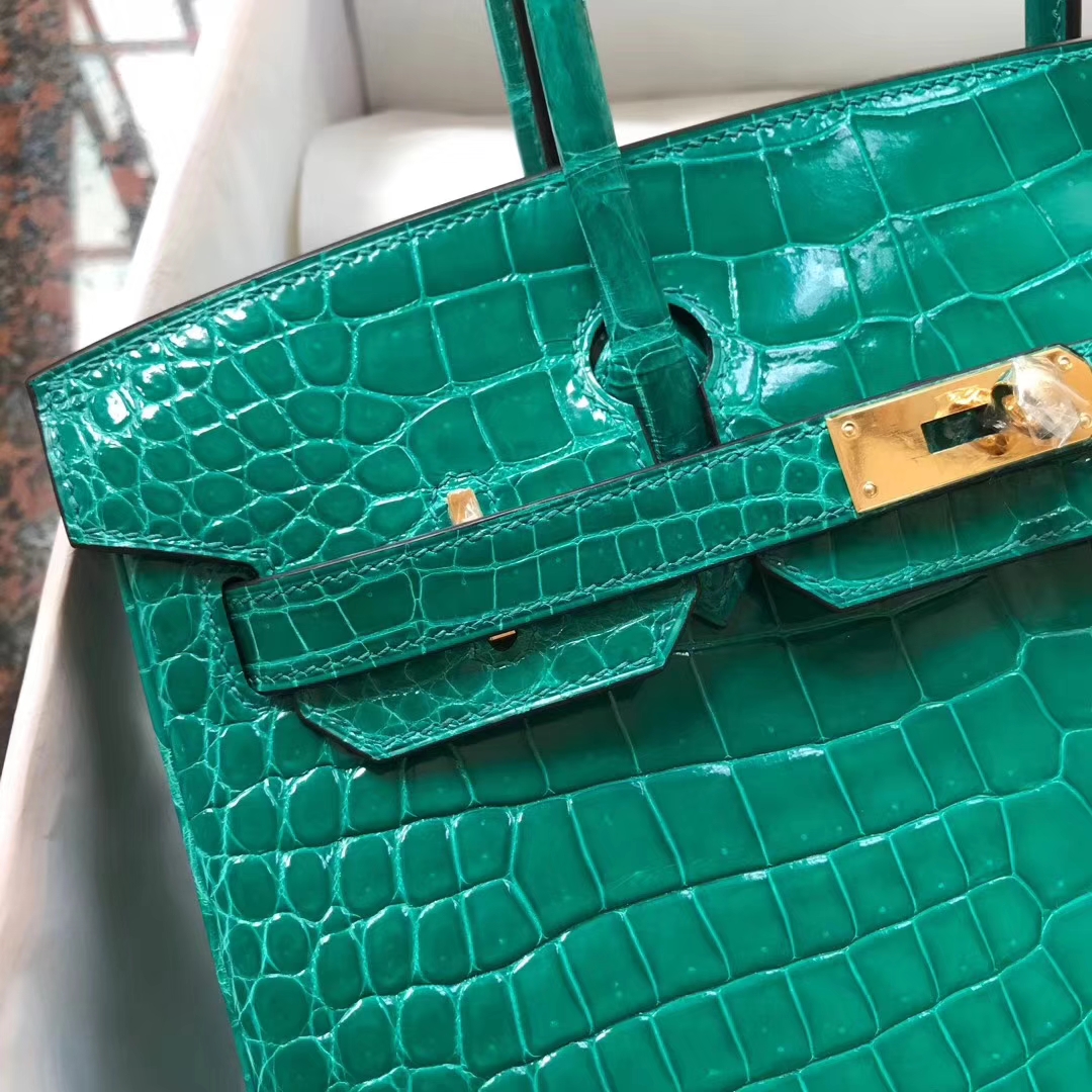 Luxury Hermes Shiny Crocodile Leather Birkin30CM Handbag in 6Q Emerald Green