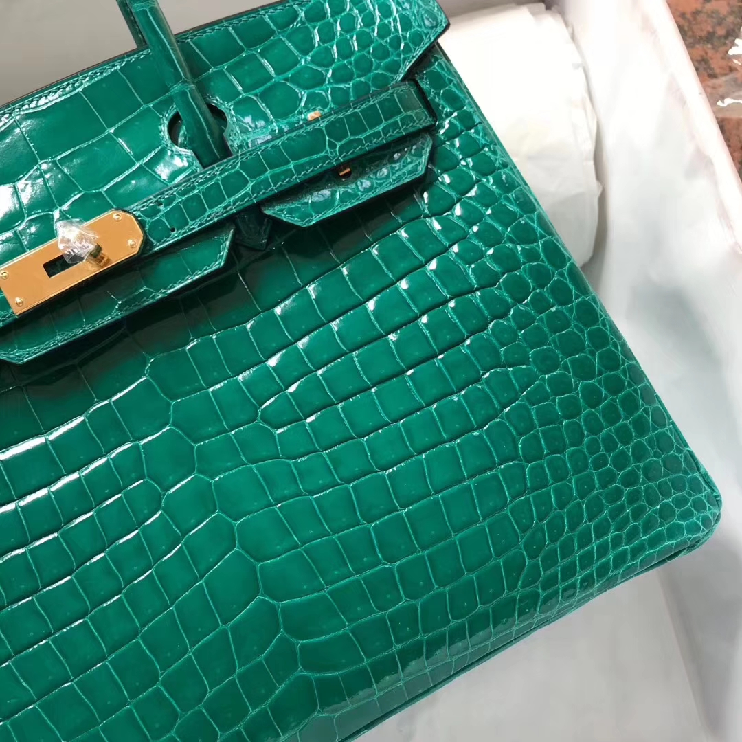 Luxury Hermes Shiny Crocodile Leather Birkin30CM Handbag in 6Q Emerald Green