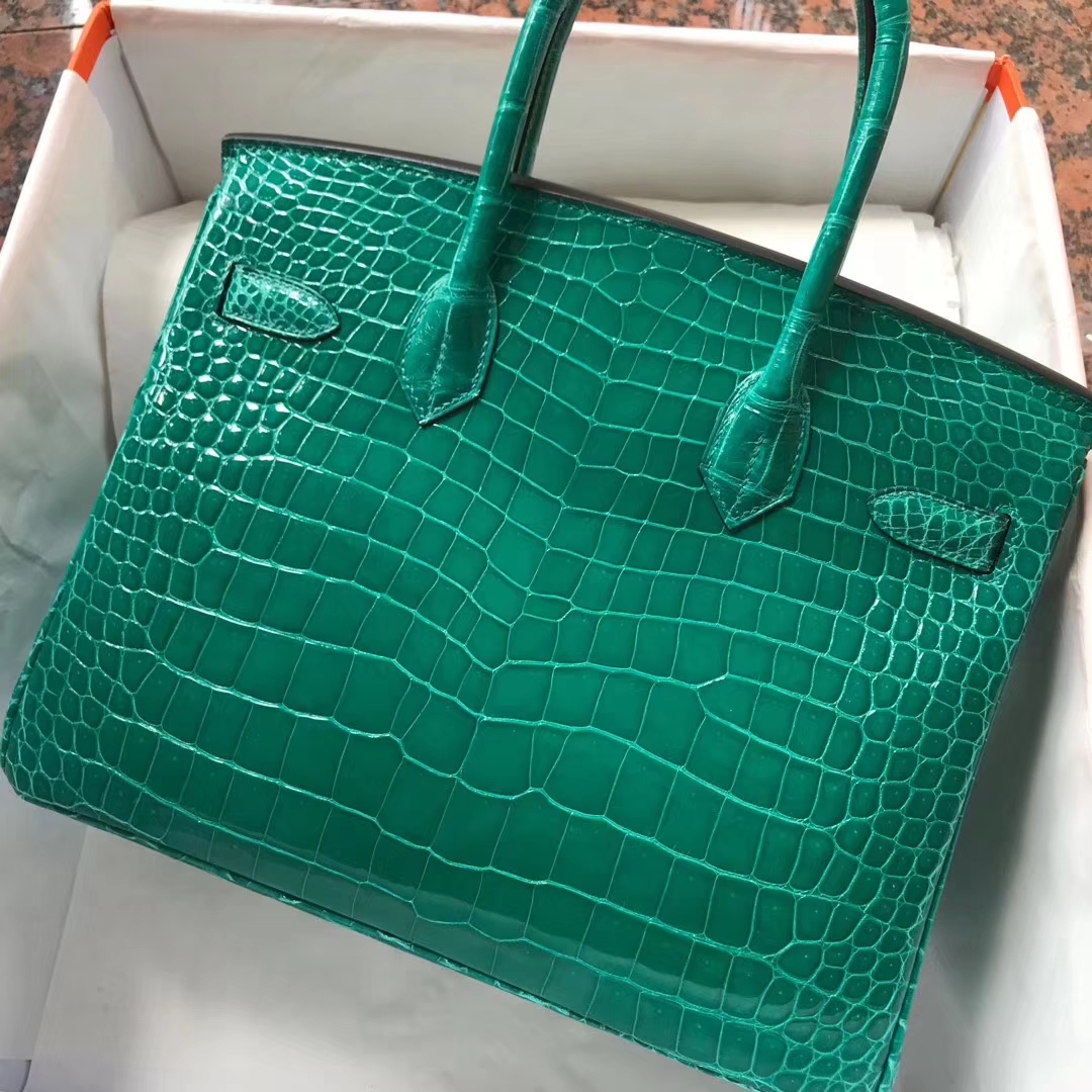 Luxury Hermes Shiny Crocodile Leather Birkin30CM Handbag in 6Q Emerald Green
