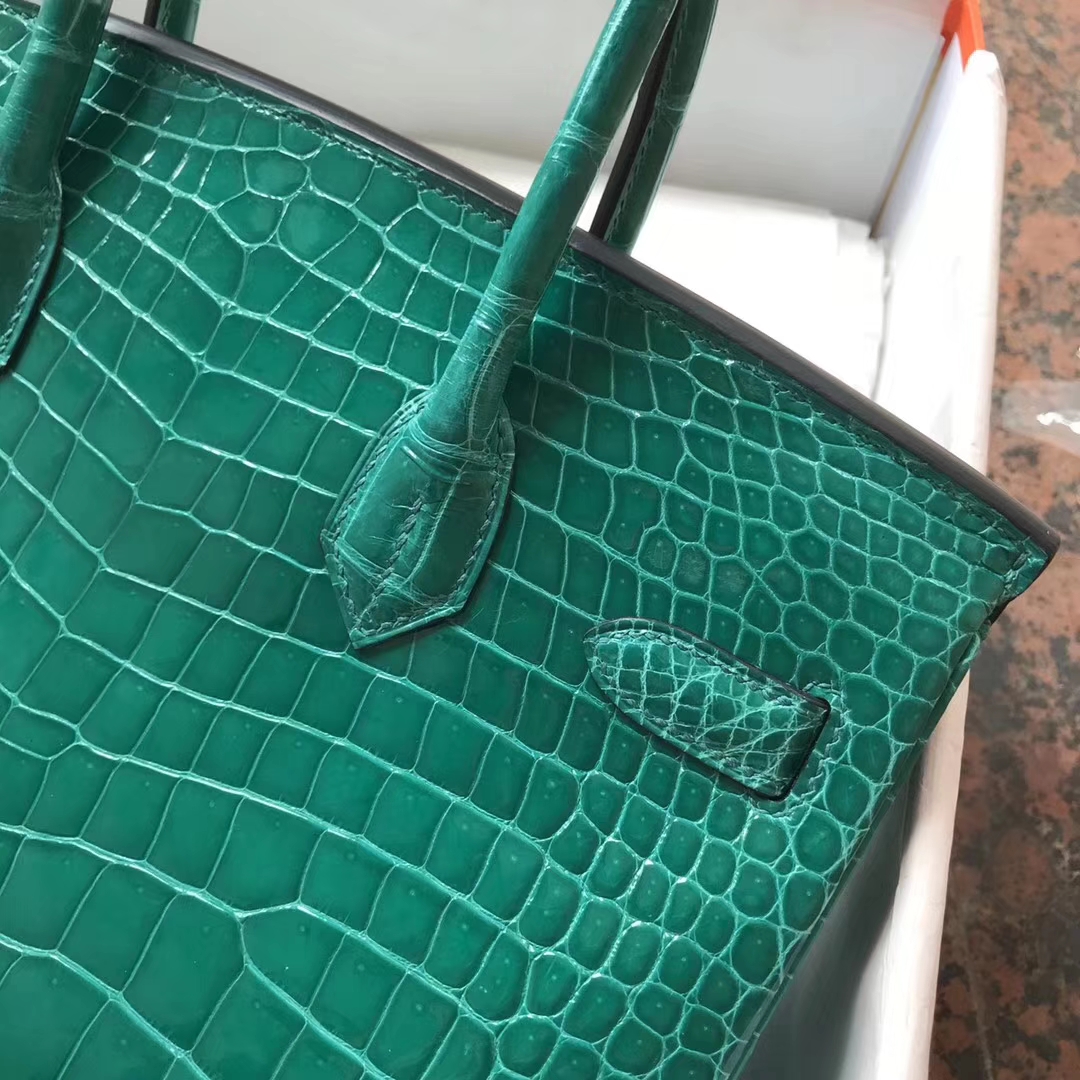 Luxury Hermes Shiny Crocodile Leather Birkin30CM Handbag in 6Q Emerald Green