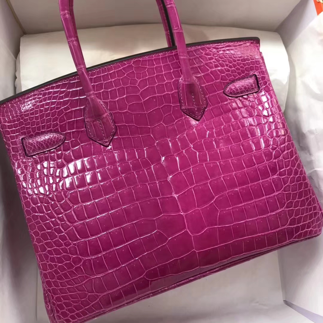 Pretty Hermes J5 Rose Scheherazade Shiny Porosus Crocodile Birkin30CM Handbag
