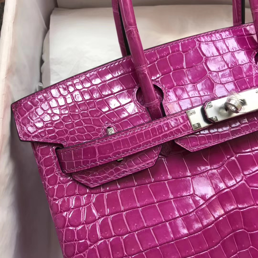 Pretty Hermes J5 Rose Scheherazade Shiny Porosus Crocodile Birkin30CM Handbag