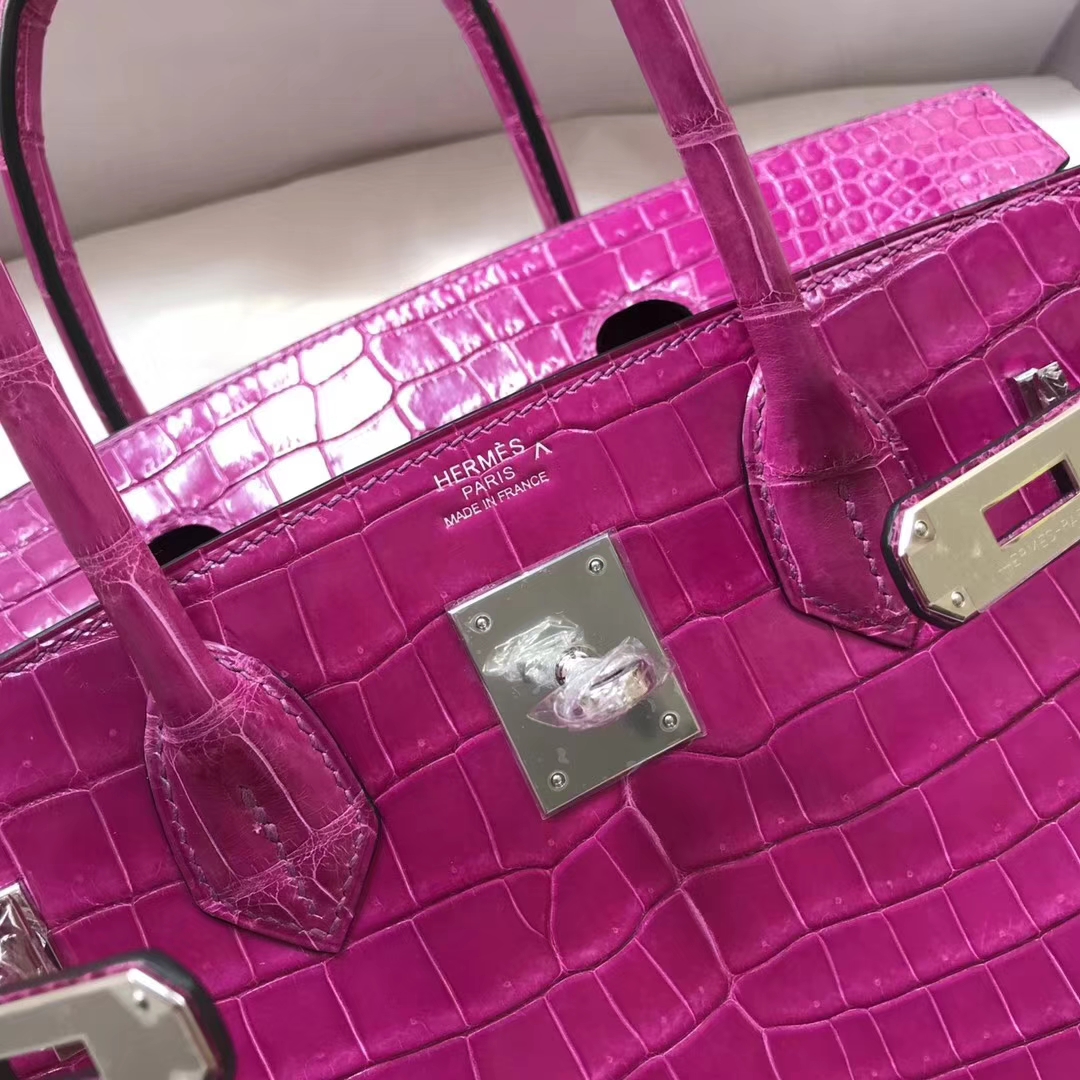 Pretty Hermes J5 Rose Scheherazade Shiny Porosus Crocodile Birkin30CM Handbag