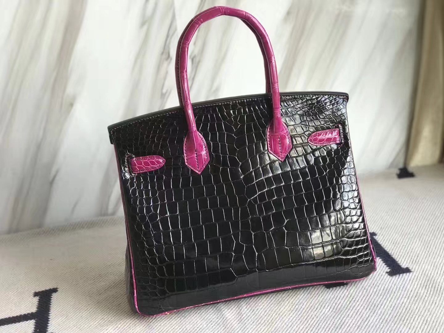 Luxury Hermes J5 Rose Scheherazade/CK89 Black Shiny Crocodile Birkin30CM Bag