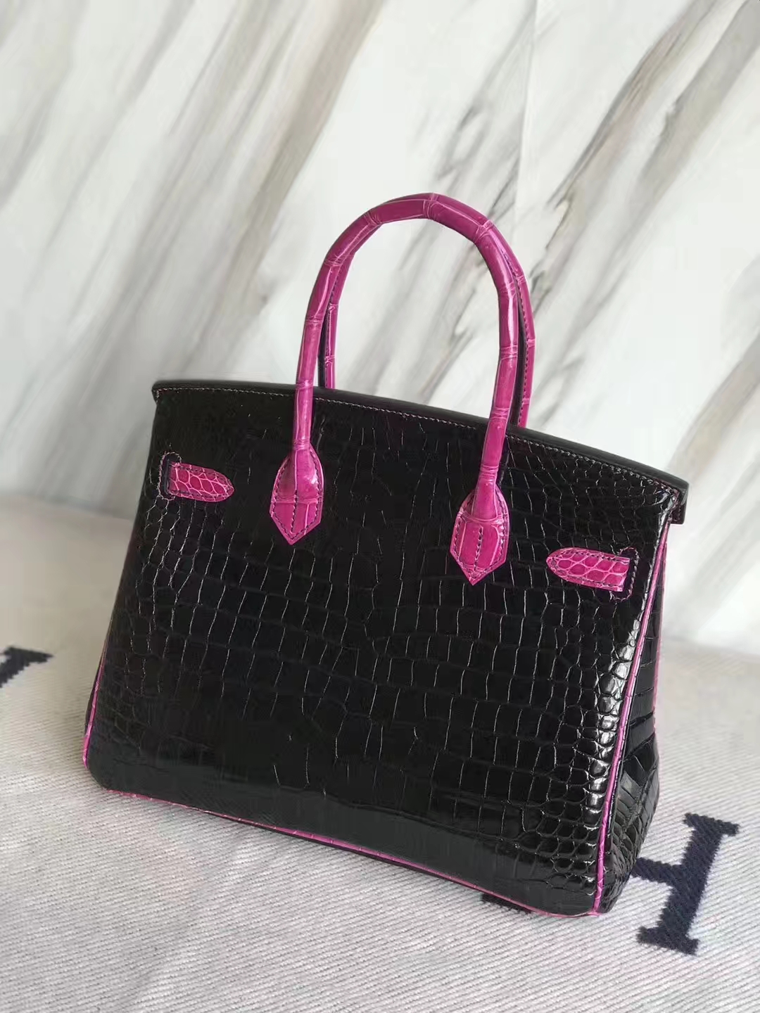Luxury Hermes J5 Rose Scheherazade/CK89 Black Shiny Crocodile Birkin30CM Bag