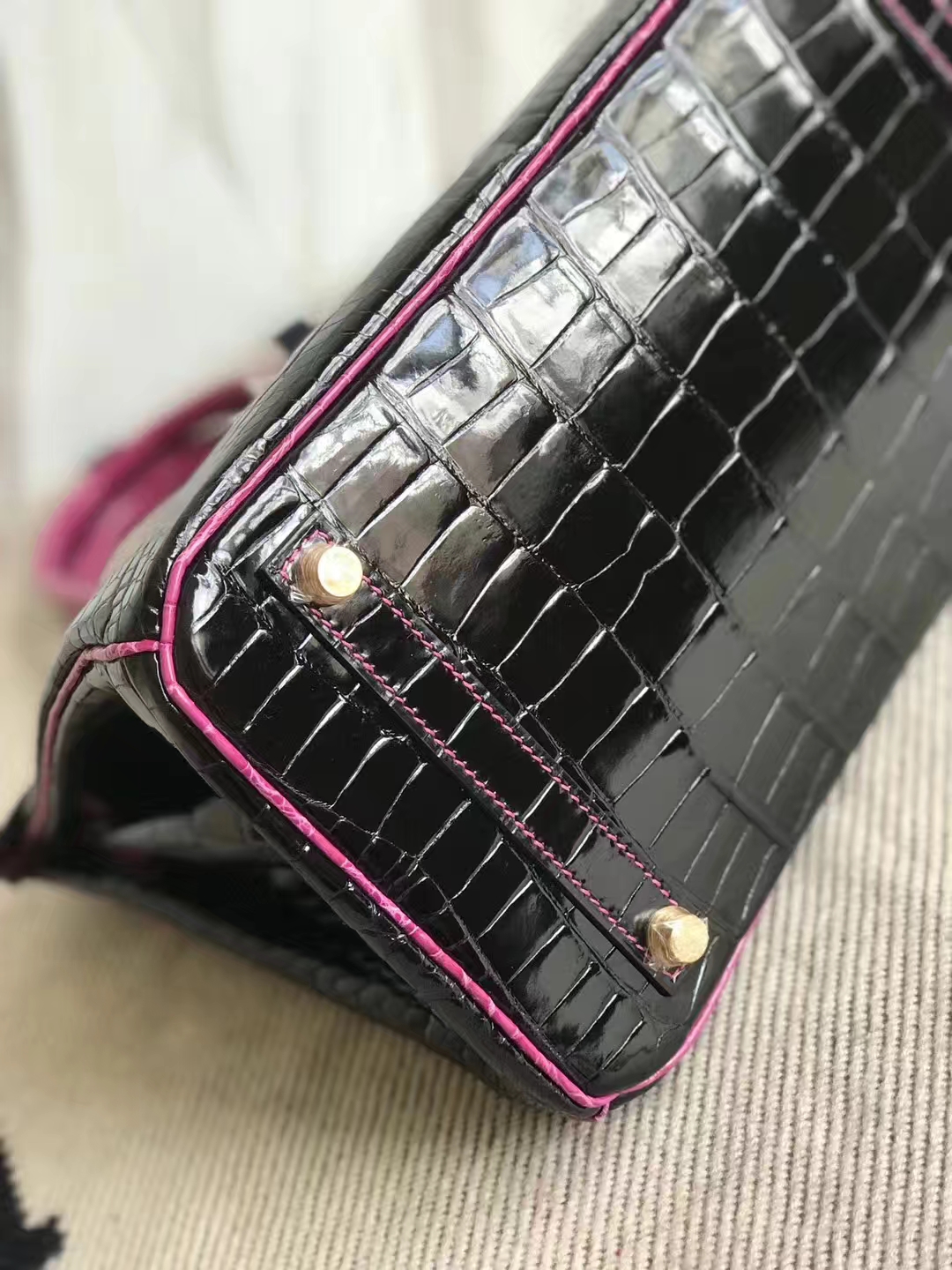 Luxury Hermes J5 Rose Scheherazade/CK89 Black Shiny Crocodile Birkin30CM Bag