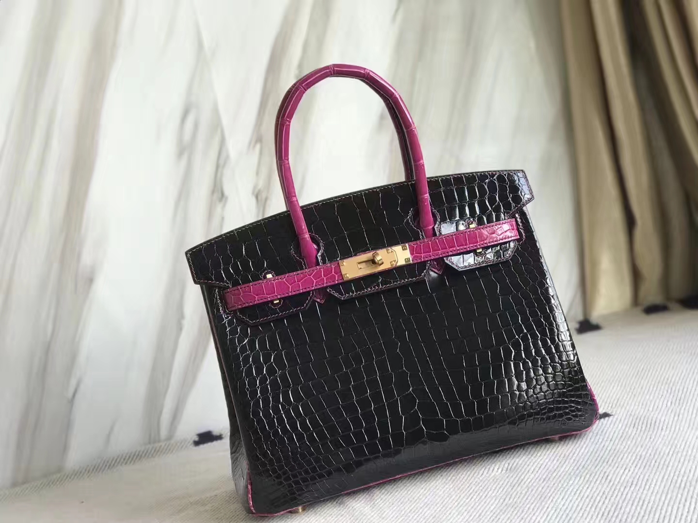 Luxury Hermes J5 Rose Scheherazade/CK89 Black Shiny Crocodile Birkin30CM Bag