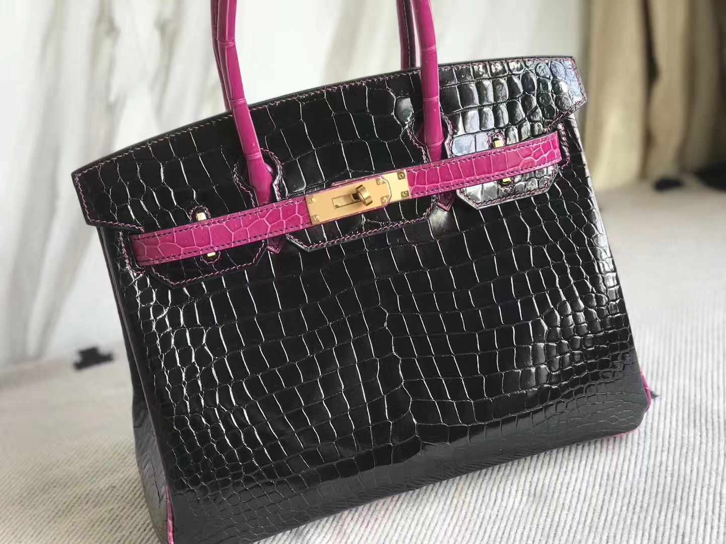 Luxury Hermes J5 Rose Scheherazade/CK89 Black Shiny Crocodile Birkin30CM Bag