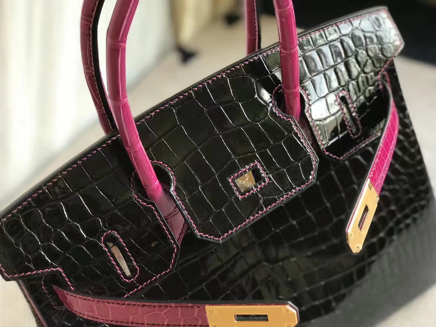 Luxury Hermes J5 Rose Scheherazade/CK89 Black Shiny Crocodile Birkin30CM Bag