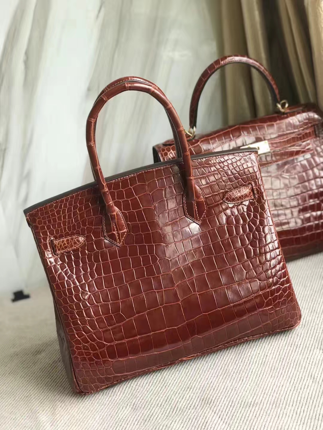 New Arrival Hermes CK31 Miel Brown Shiny Crocodile Birkin Bag30CM Silver Hardware