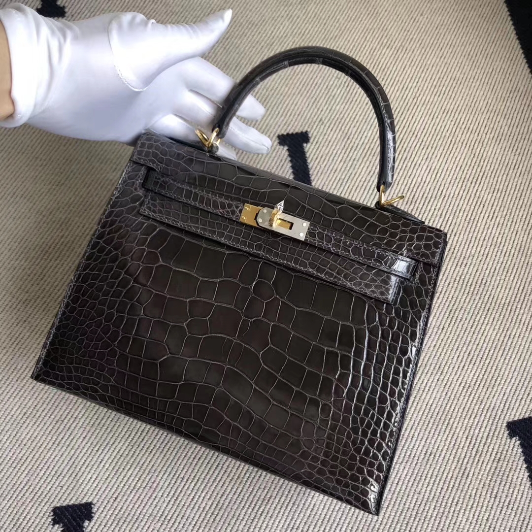 Stock Hermes CK88 Gris Graphite Shiny Crocodile Kelly25CM Bag Gold Hardware