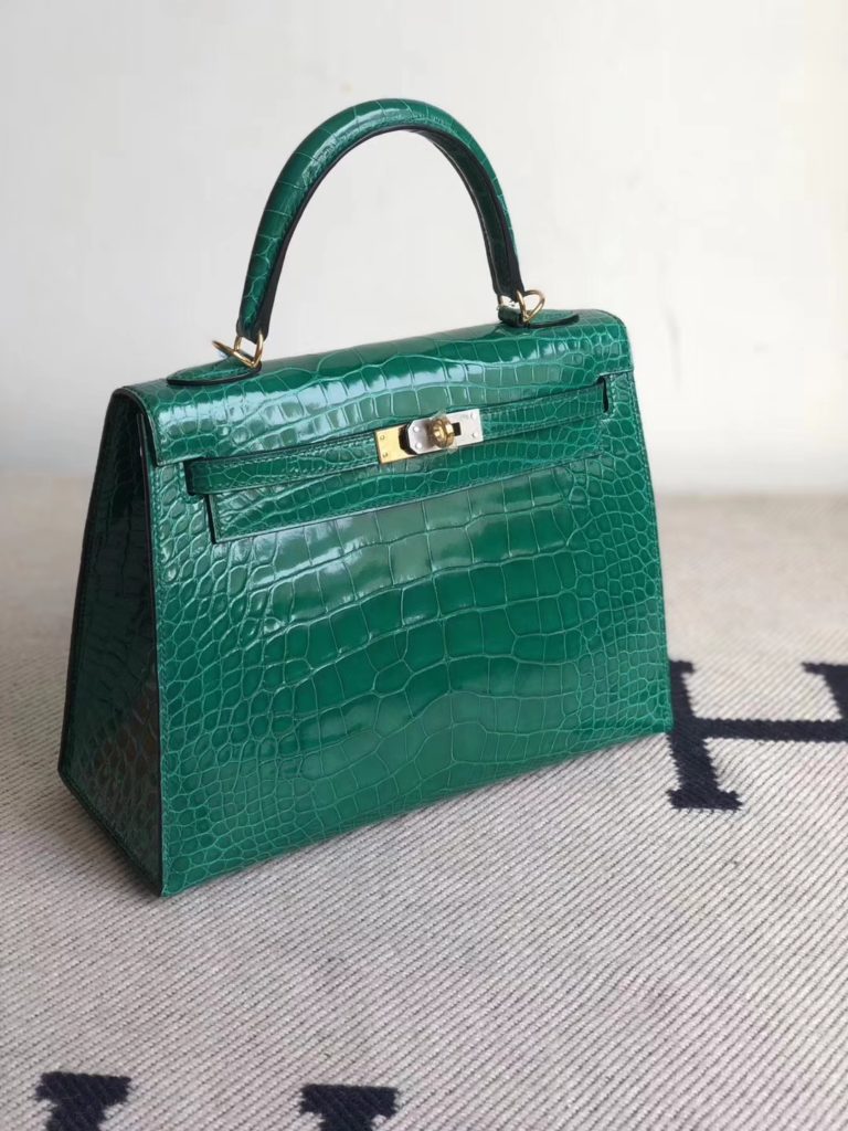 Hermes Shiny Crocodile Kelly Bag 25CM in 6Q Vert Emerald Gold Hardware