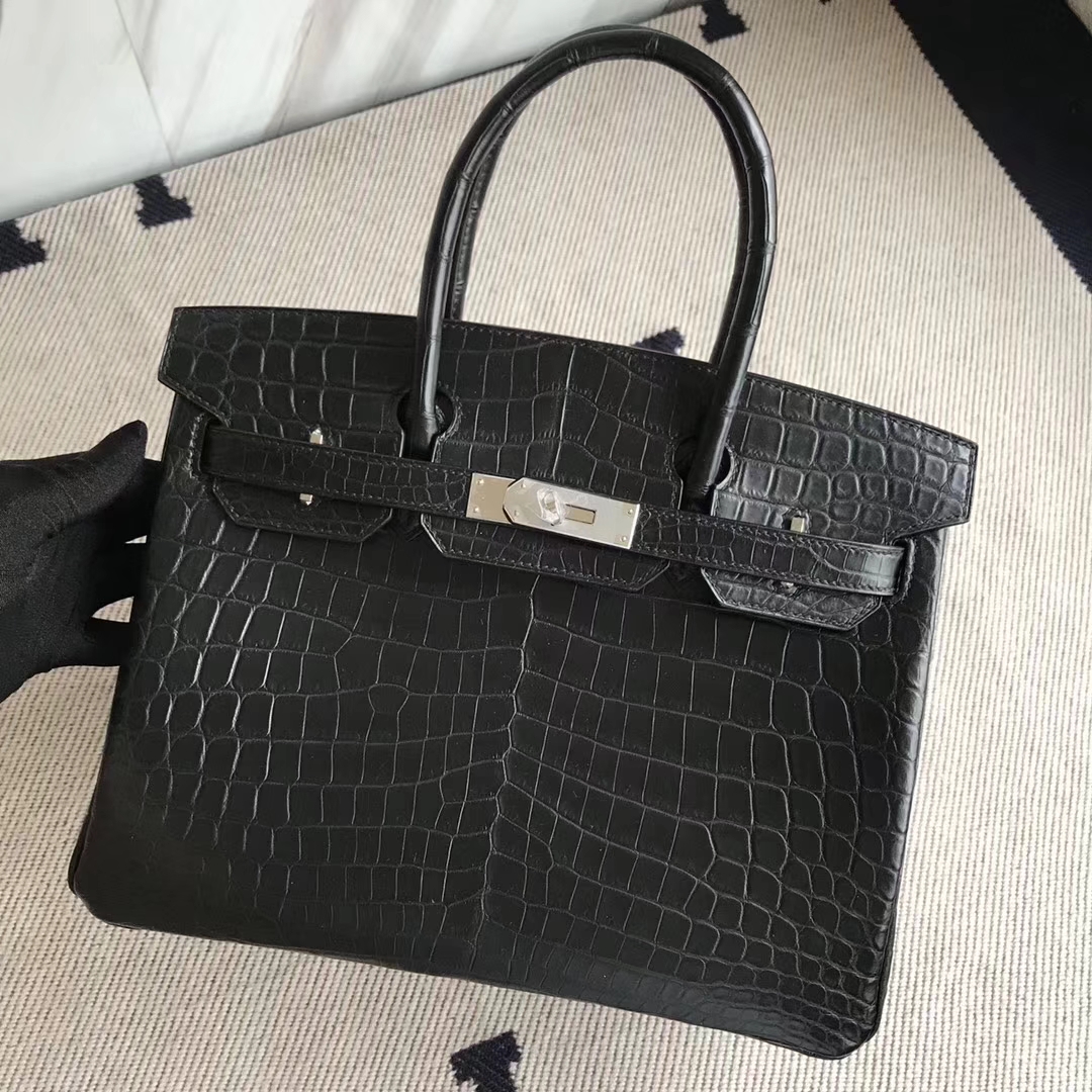 Wholesale Hermes CK89 Black Crocodile Matt Birkin30cm Bag Silver Hardware