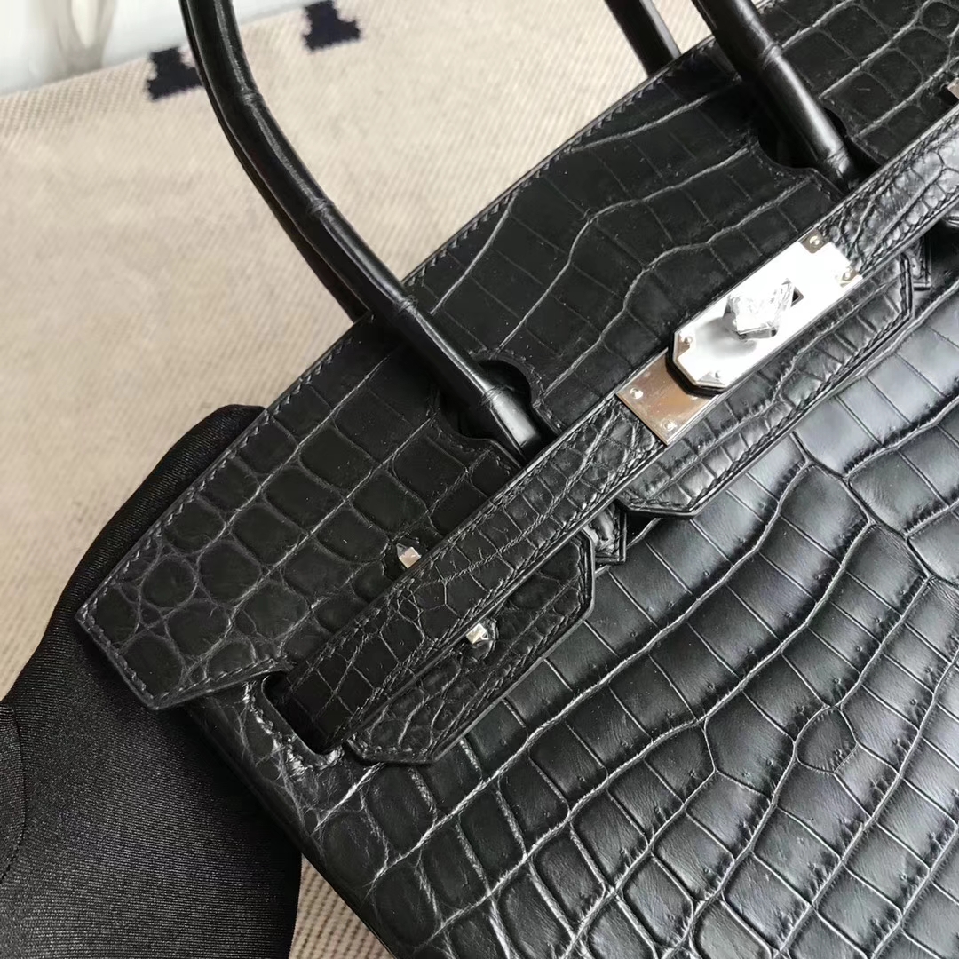 Wholesale Hermes CK89 Black Crocodile Matt Birkin30cm Bag Silver Hardware