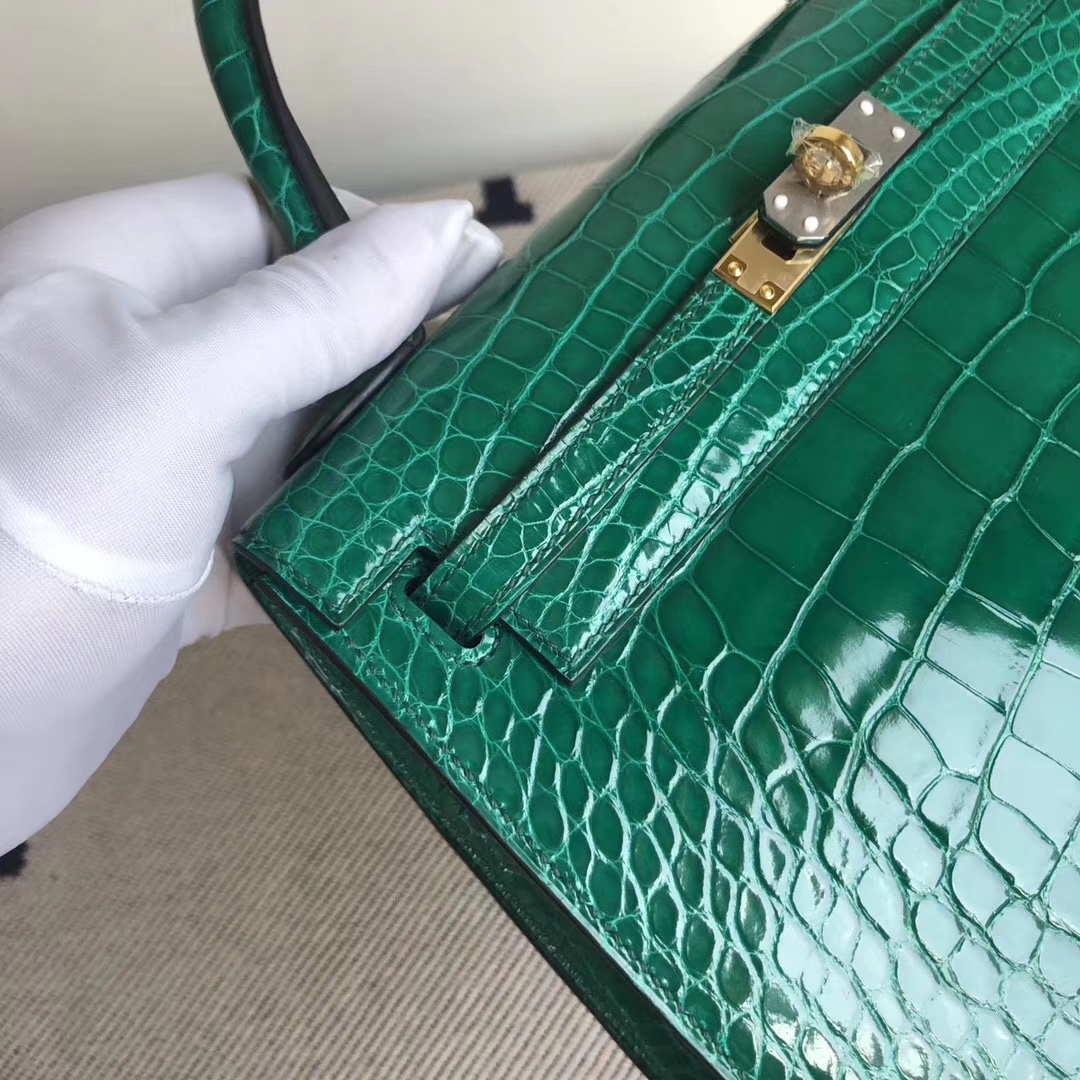 Discount Hermes Shiny Crocodile Kelly Bag25CM in 6Q Vert Emerald Gold Hardware