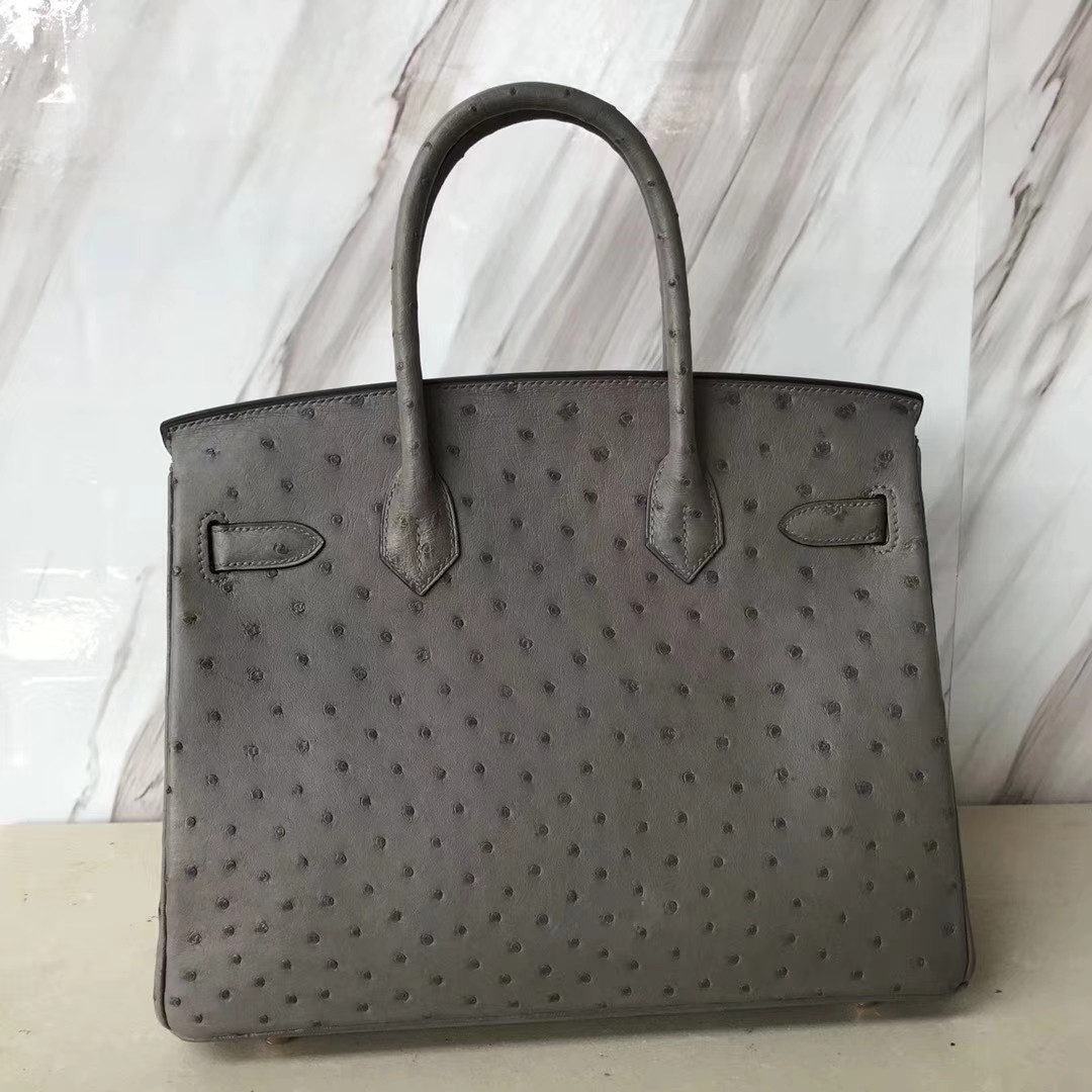 Noble Hermes M8 Mousse Grey Ostrich Leather Birkin Bag30CM Gold Hardware