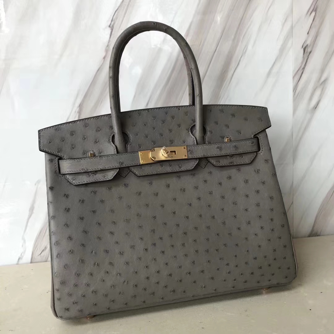 Noble Hermes M8 Mousse Grey Ostrich Leather Birkin Bag30CM Gold Hardware