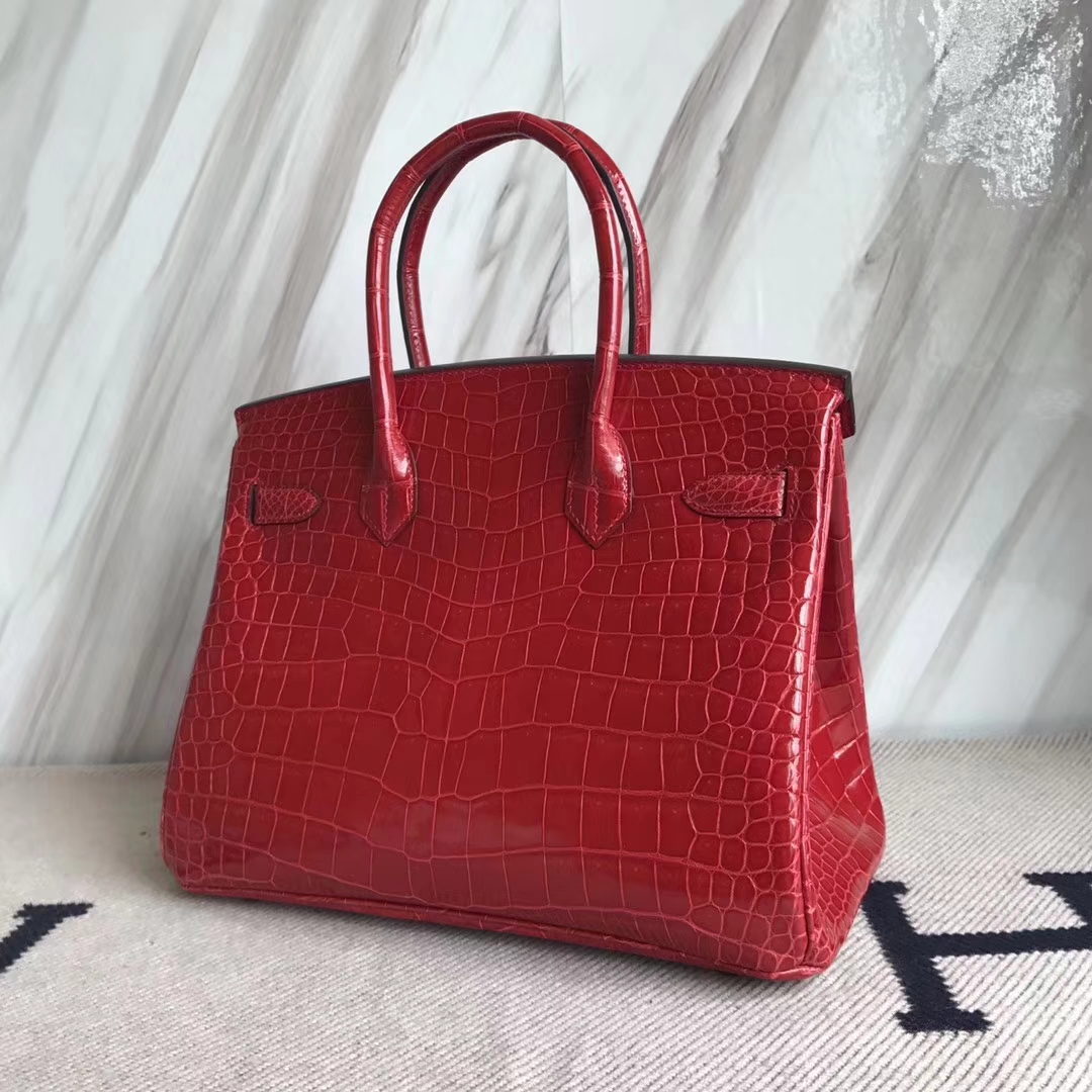 Pretty Hermes Porosus Shiny Crocodile Birkin30CM Bag in CK95 Braise Gold Hardware