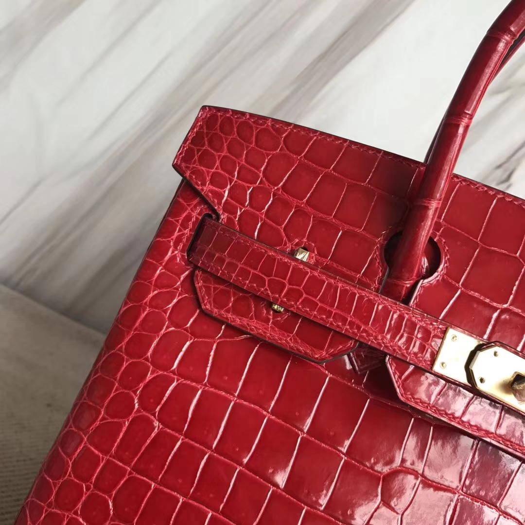 Pretty Hermes Porosus Shiny Crocodile Birkin30CM Bag in CK95 Braise Gold Hardware