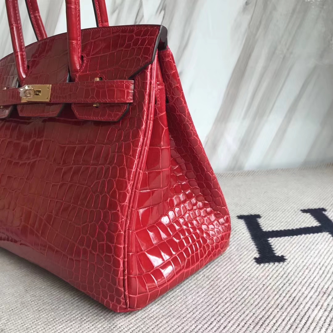 Pretty Hermes Porosus Shiny Crocodile Birkin30CM Bag in CK95 Braise Gold Hardware