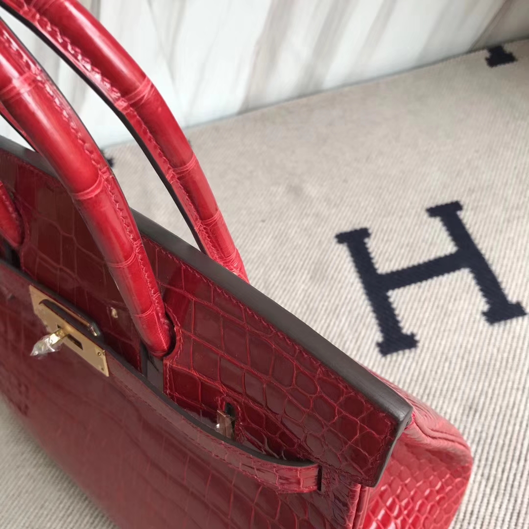 Pretty Hermes Porosus Shiny Crocodile Birkin30CM Bag in CK95 Braise Gold Hardware