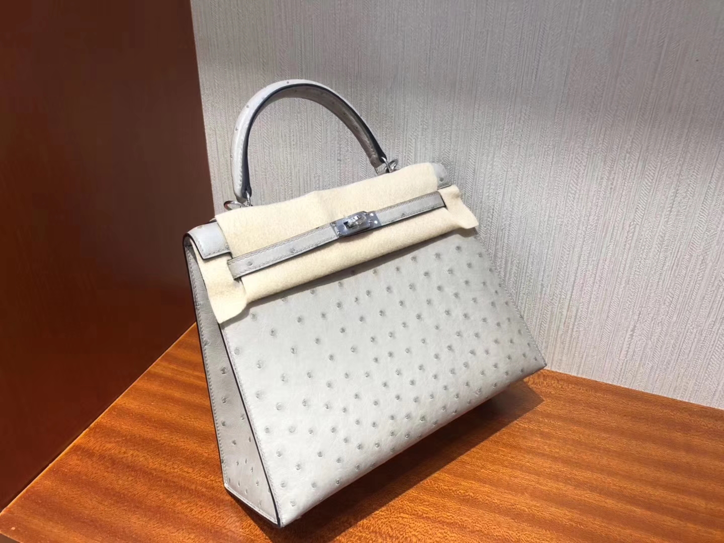 Fashion Hermes KK Ostrich Kelly Bag25CM in Blue Glacier Silver Hardware