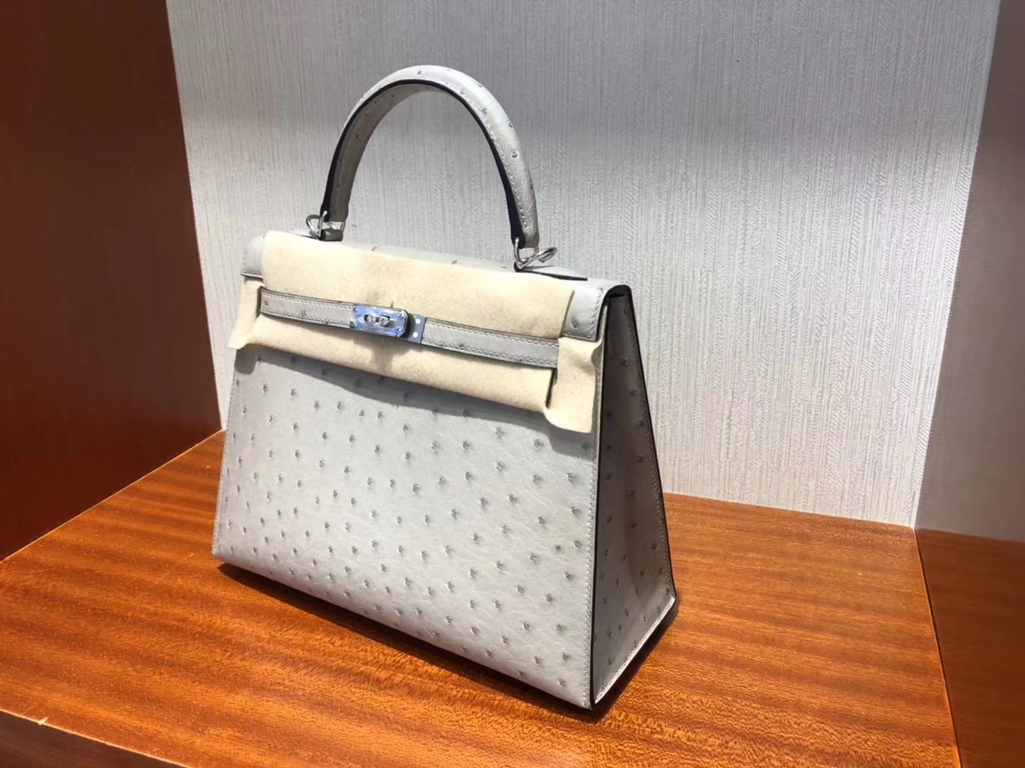 Fashion Hermes KK Ostrich Kelly Bag25CM in Blue Glacier Silver Hardware