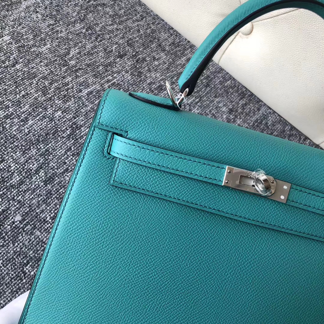 Sale Hermes 7F Blue Paon Epsom Calf Kelly25CM Tote Bag Silver Hardware