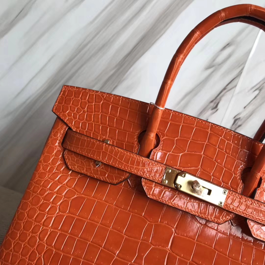 Luxury Hermes 8V Coppy Orange Porosus Shiny Crocodile Birkin30CM Bag Gold Hardware