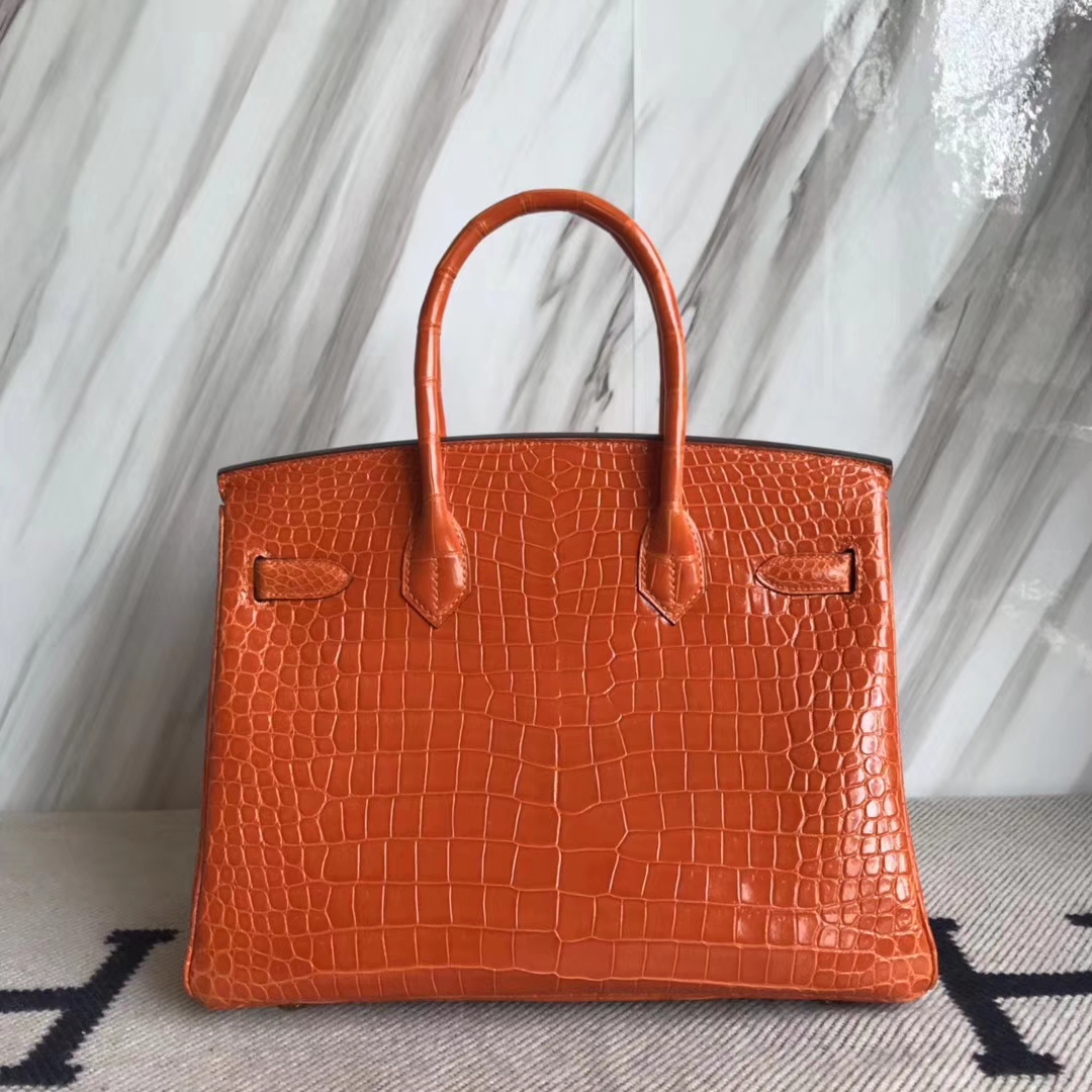 Luxury Hermes 8V Coppy Orange Porosus Shiny Crocodile Birkin30CM Bag Gold Hardware