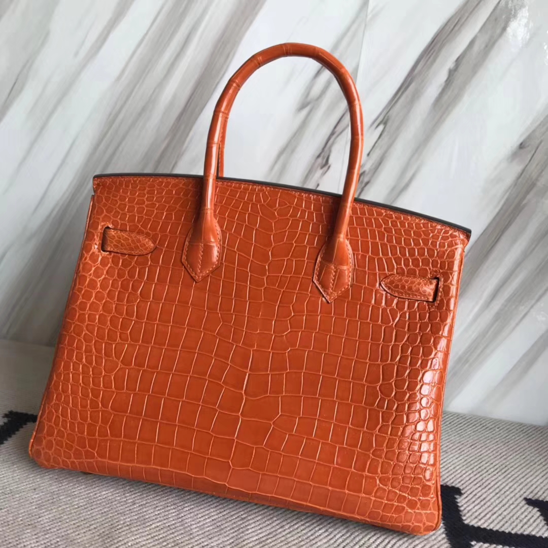 Luxury Hermes 8V Coppy Orange Porosus Shiny Crocodile Birkin30CM Bag Gold Hardware
