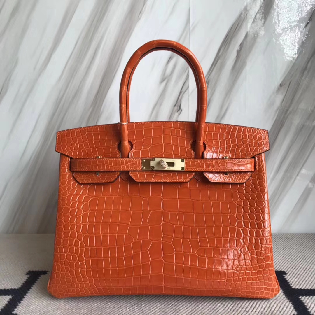 Luxury Hermes 8V Coppy Orange Porosus Shiny Crocodile Birkin30CM Bag Gold Hardware